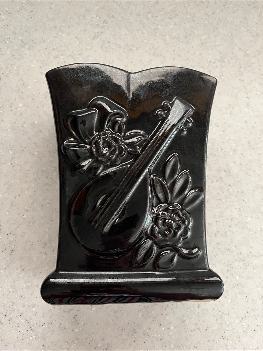 Vtg USA Art Pottery 216 BLACK Planter Vase Raised Mandolin & Roses Floral *READ*